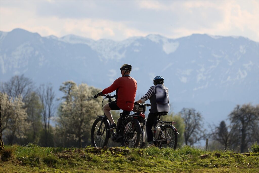 bicycle, to go biking, nature, cyclist, move, leisure time, activity, fitness, mountain bike, landscape, corona, alpine foothills, salzkammergut, austria, limestone, mountains, e bike, seniors